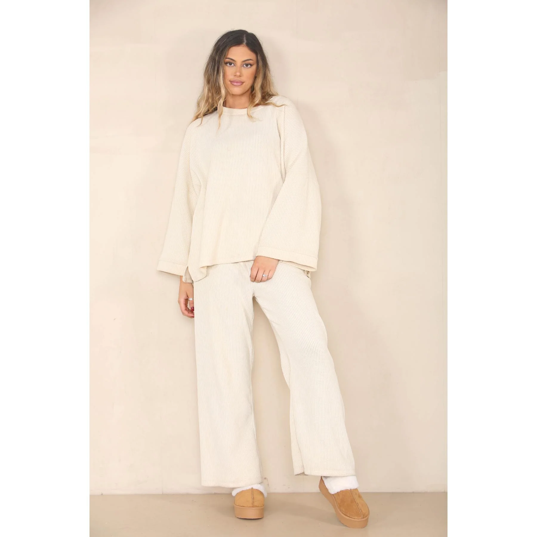 KatchMe Women's Casual Solid Color Loose Top & Wide Leg Pants Co-ord(8-18UK), Plain Two-Piece Outfits for Fall & Winter, Comfortable Womenswear