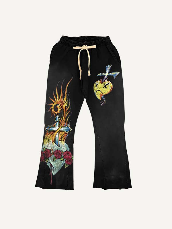 Cross&Floral&Graphic&Letter Print Elastic Waist Pants