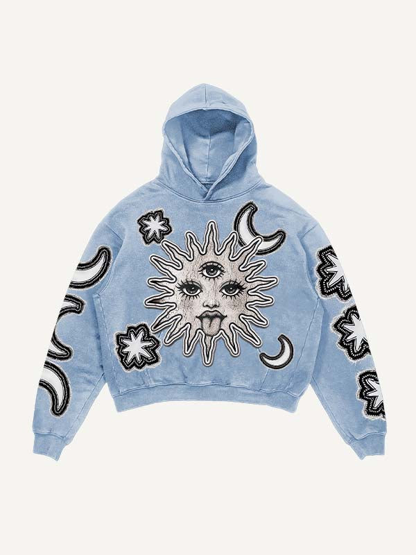 Sun&Moon&Eye&Star Faux Decal Print Slant Pockets Hoodie