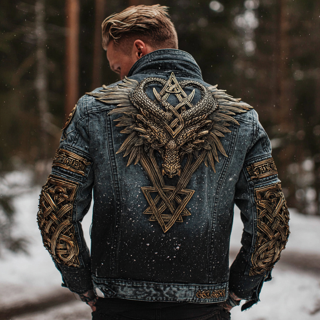 Men's Vintage Viking Dragon Art Washed Denim Jacket