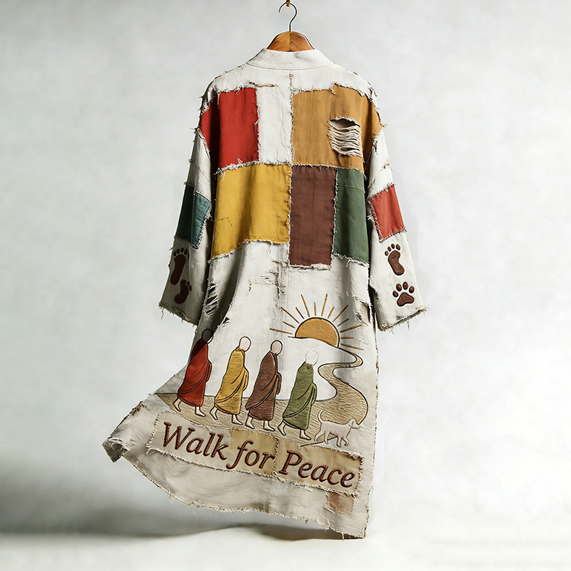 Peace Walk Art Patchwork Print Linen Long Cardigan