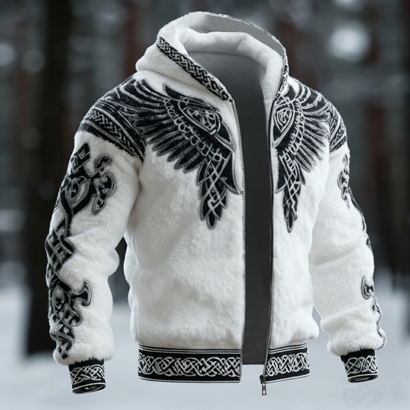 Men's Viking Tribal Jacquard Celtic With Wings Inspired Art Plush Warm Zipped Hooded Jacket