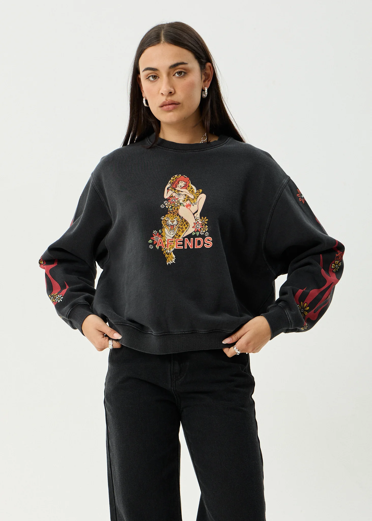 AFENDS Womens Hellcat - Crew Neck - Stone Black