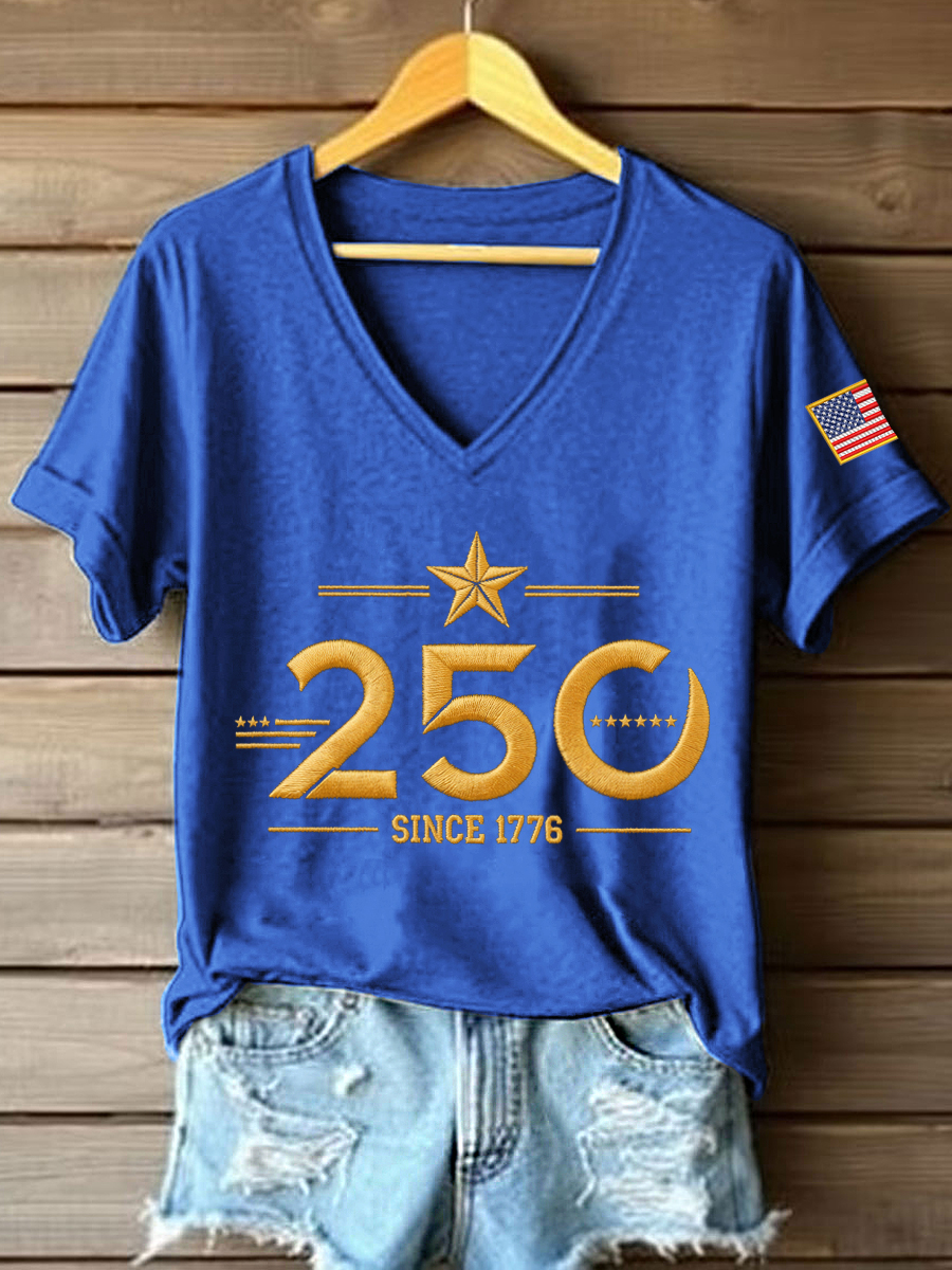 Women's America 1776–2026 Embroidered Pattern V-Neck T-Shirt