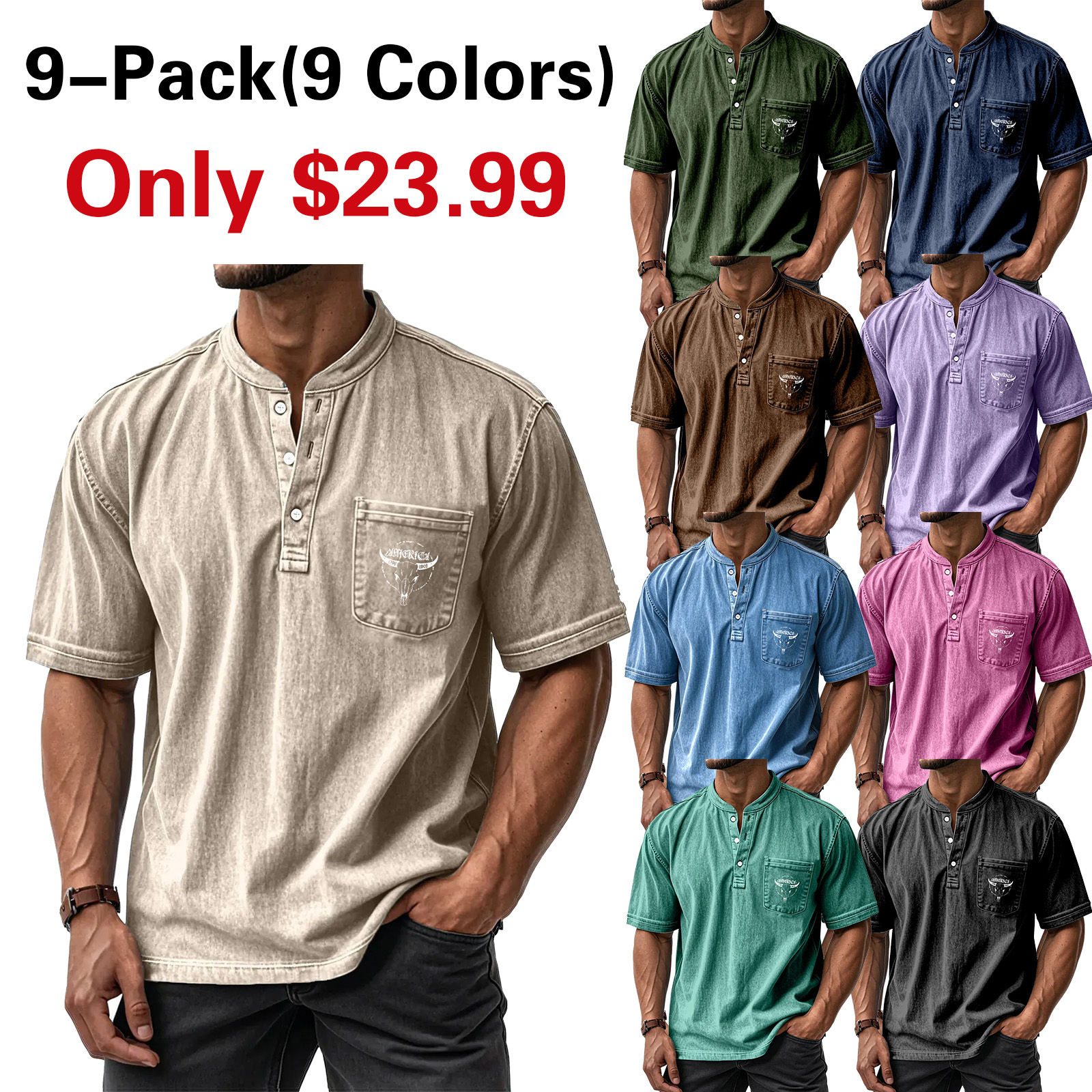 Men's Washed Cotton Short-Sleeve Henley Collar T-Shirt (Upgraded Version)
