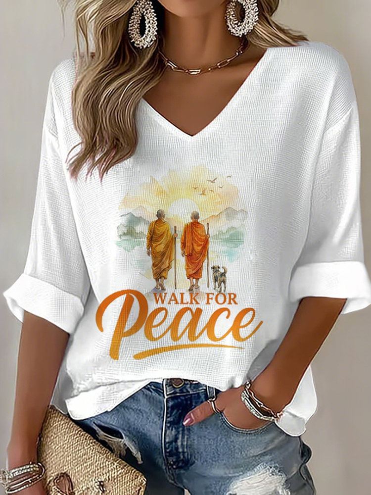 Women's Walk For Peace Monks With Aloka Dog Print V-neck T-shirt