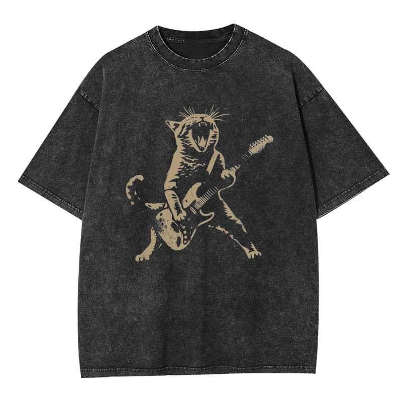 Rock Cat Playing Guitar Washed T-shirt