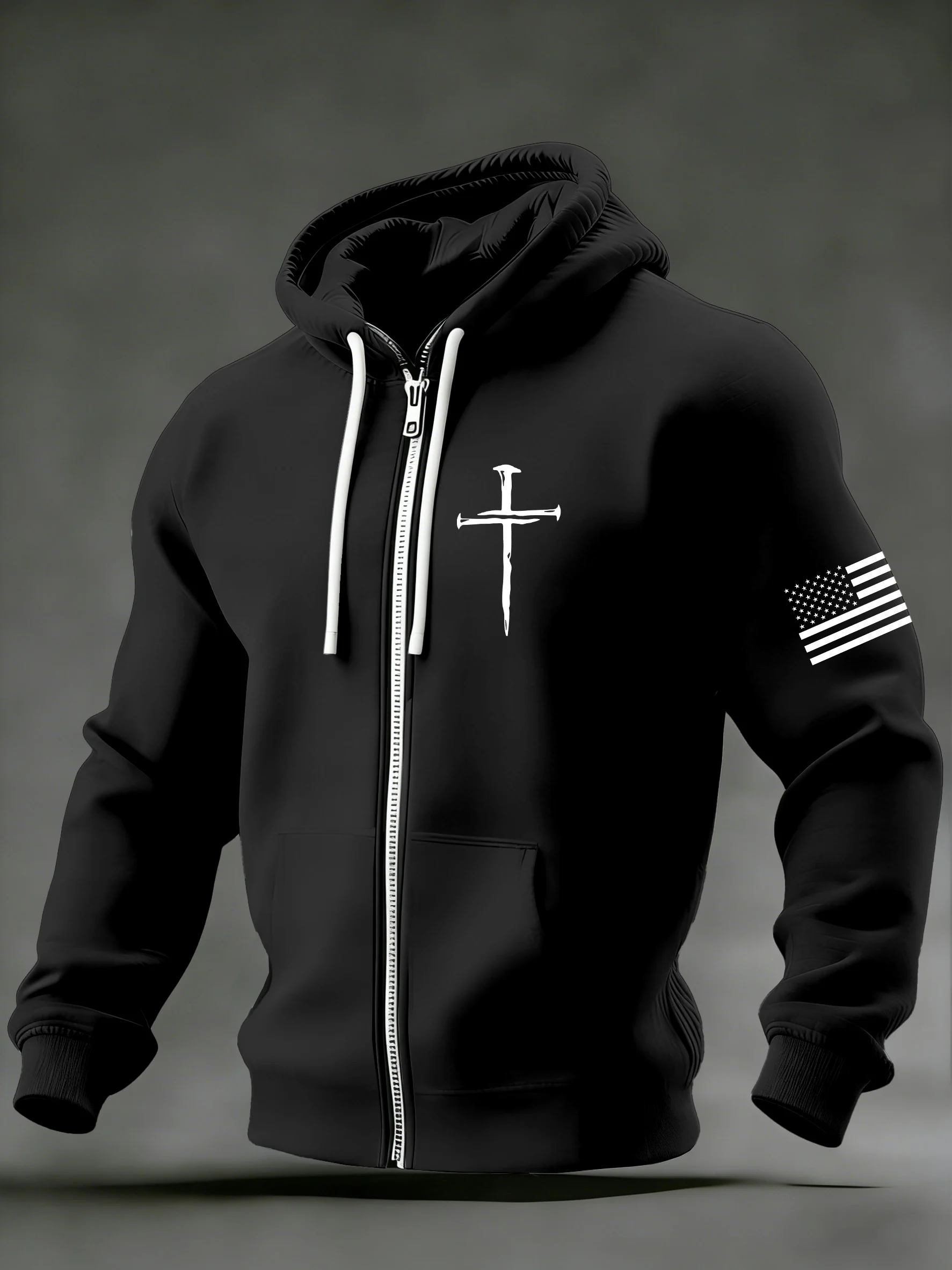 Men's Vintage Faith Cross Casual Printed Zip-Up Hoodie