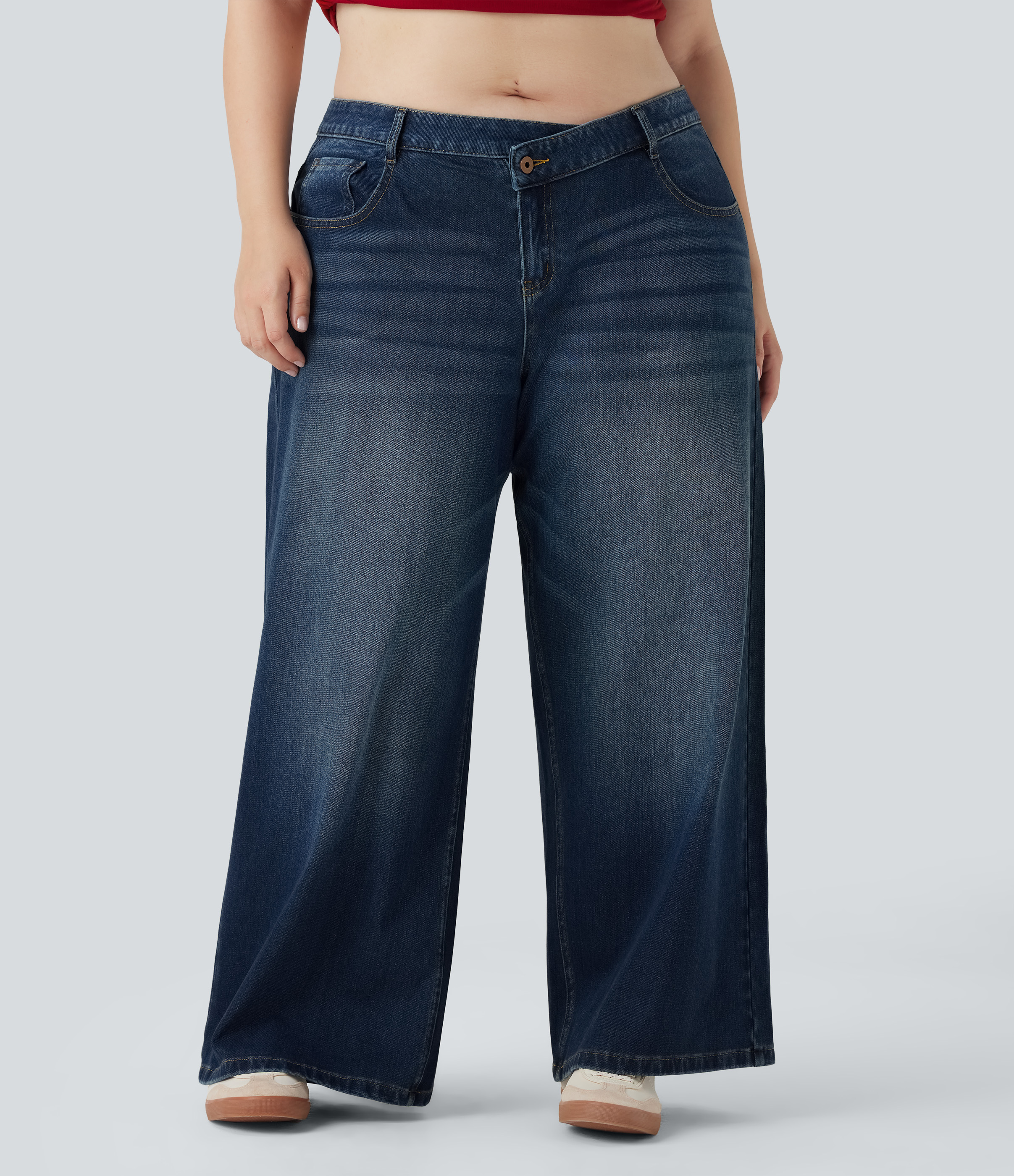 Plus Size Halara Flex™ Asymmetric Low Rise Wide Leg Washed Casual Jeans with Pockets