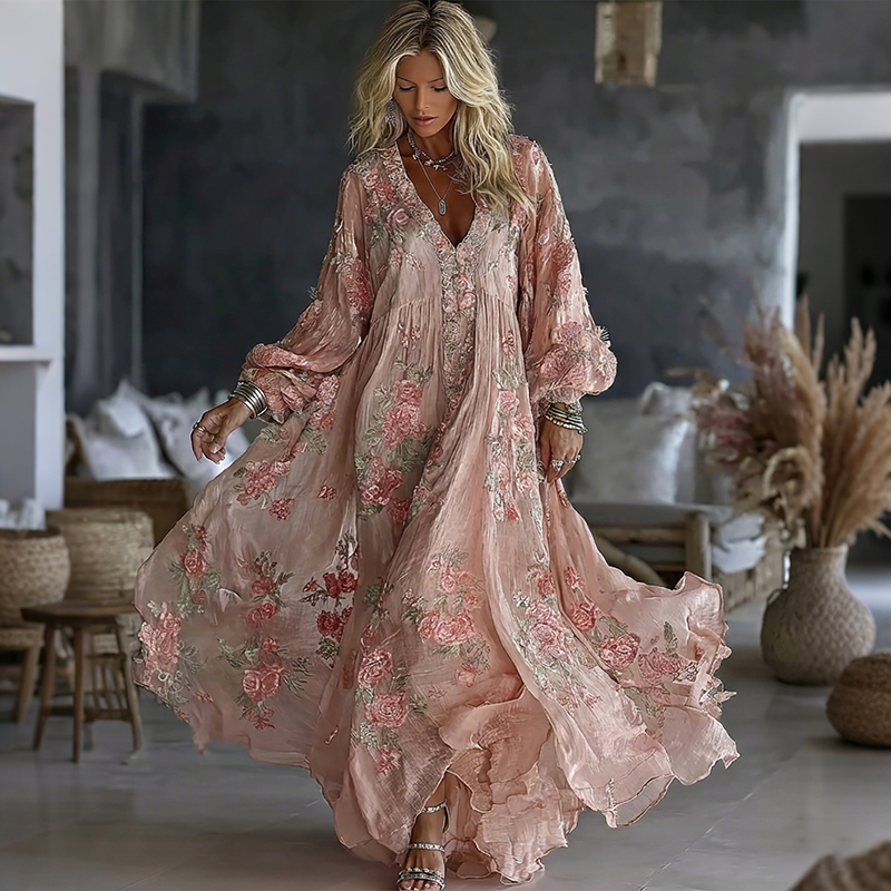 Women's Vintage Floral Art Flowy Linen Blend Casual V Neck Long Sleeve Maxi Dress
