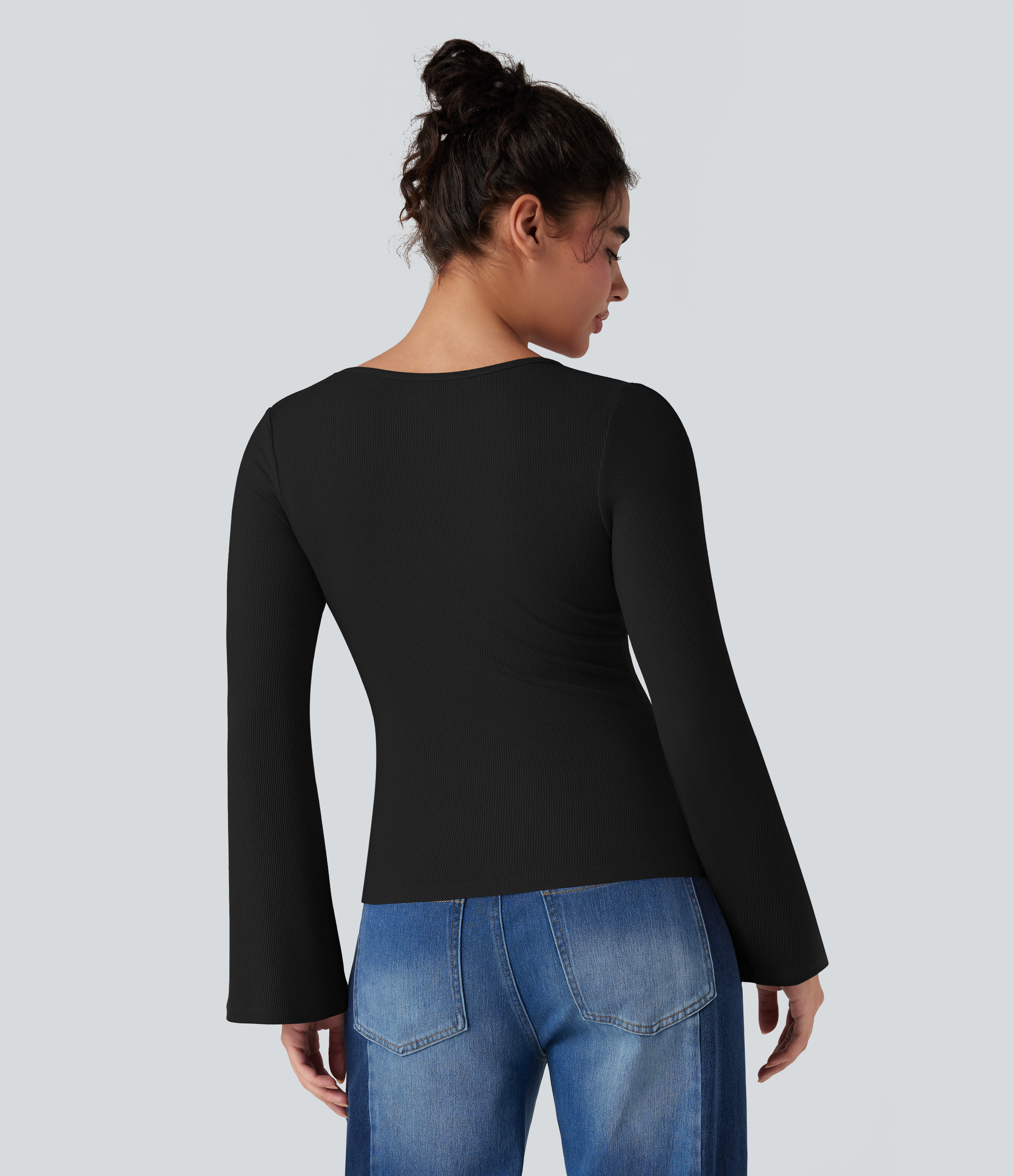 Ribbed Knit Round Neck Flounce Long Sleeve Casual Top
