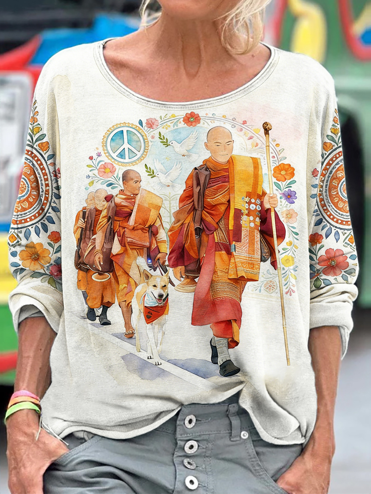 Walk For Peace Aloka & Monks Floral Watercolor T Shirt
