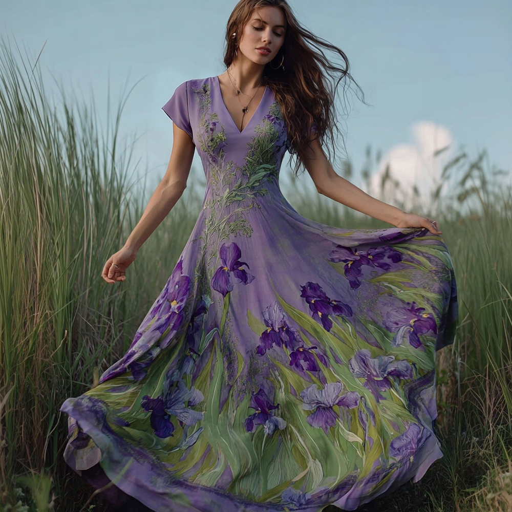 Vintage Iris Flowers Art V Neck Flowy Linen Maxi Dress
