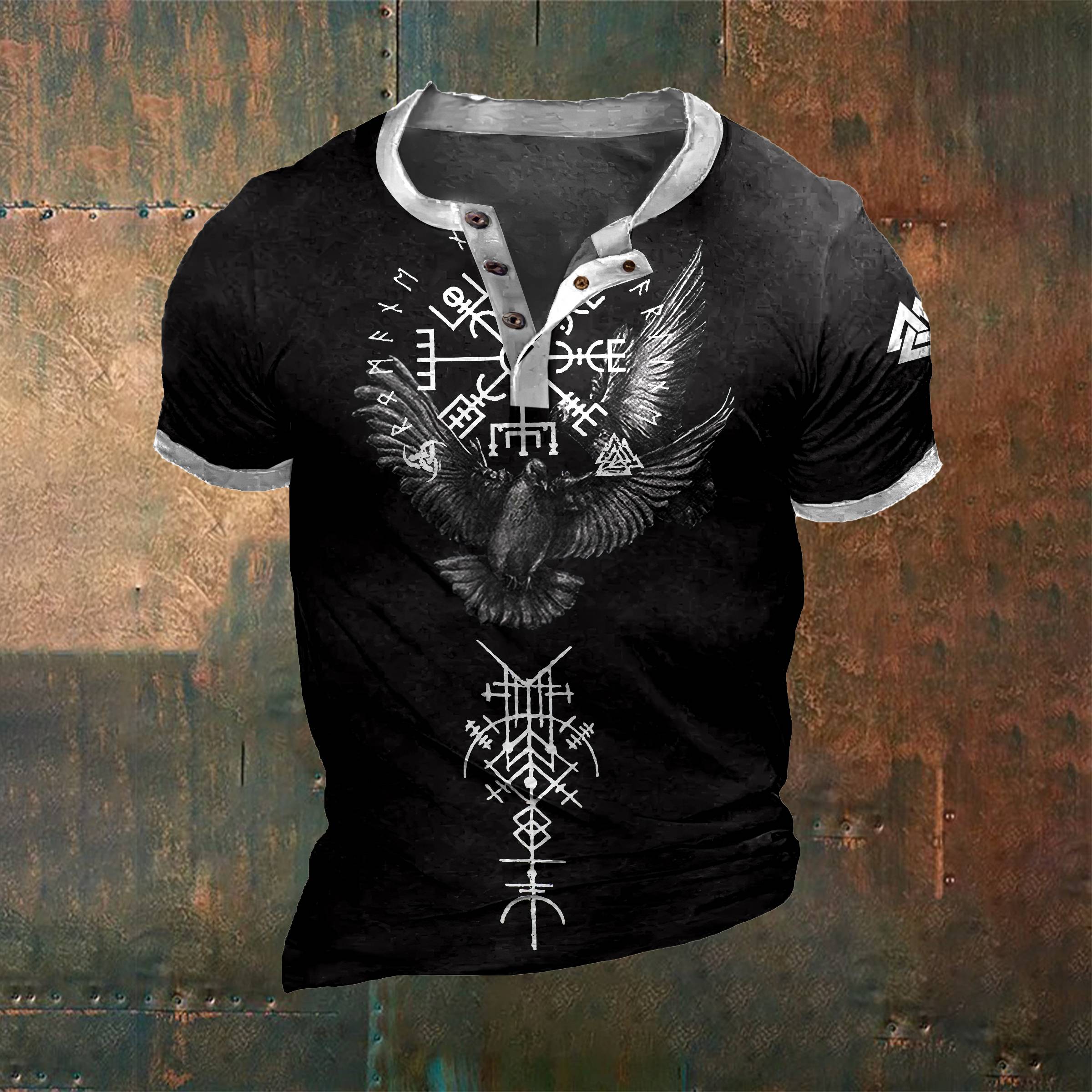 Men's Tribal Viking Bird Graphics Contrast Henley Collar T-Shirt