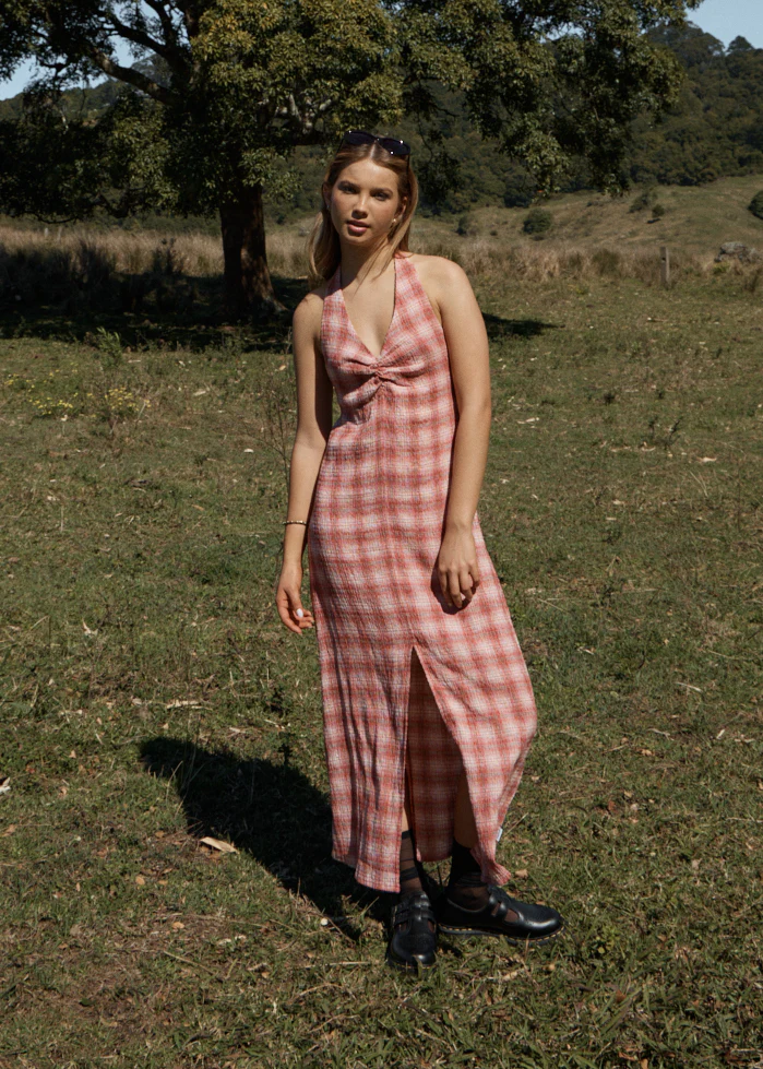 AFENDS Womens Andy - Seersucker Maxi Dress - Red Check