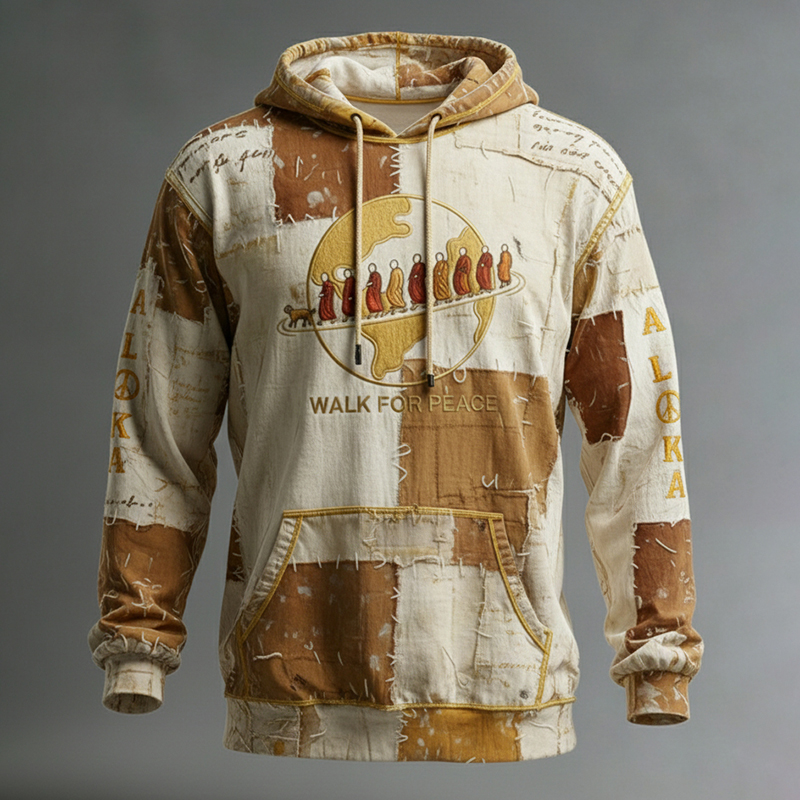 Walk For Peace Love In Every Step Artistic In Patchwork Print Distressed Hoodie