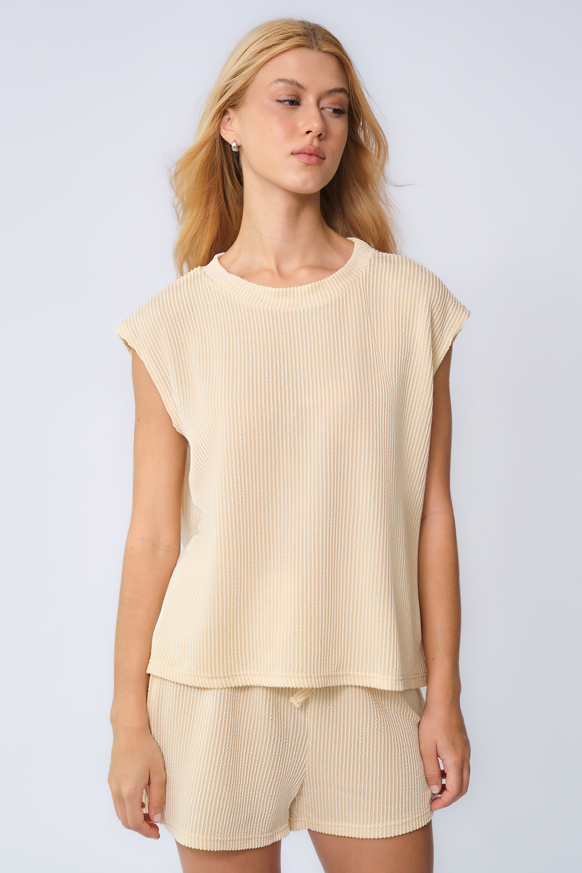 Pinstripe Cap Sleeve Loose Top  & Drawstring Decor Shorts Co-ord