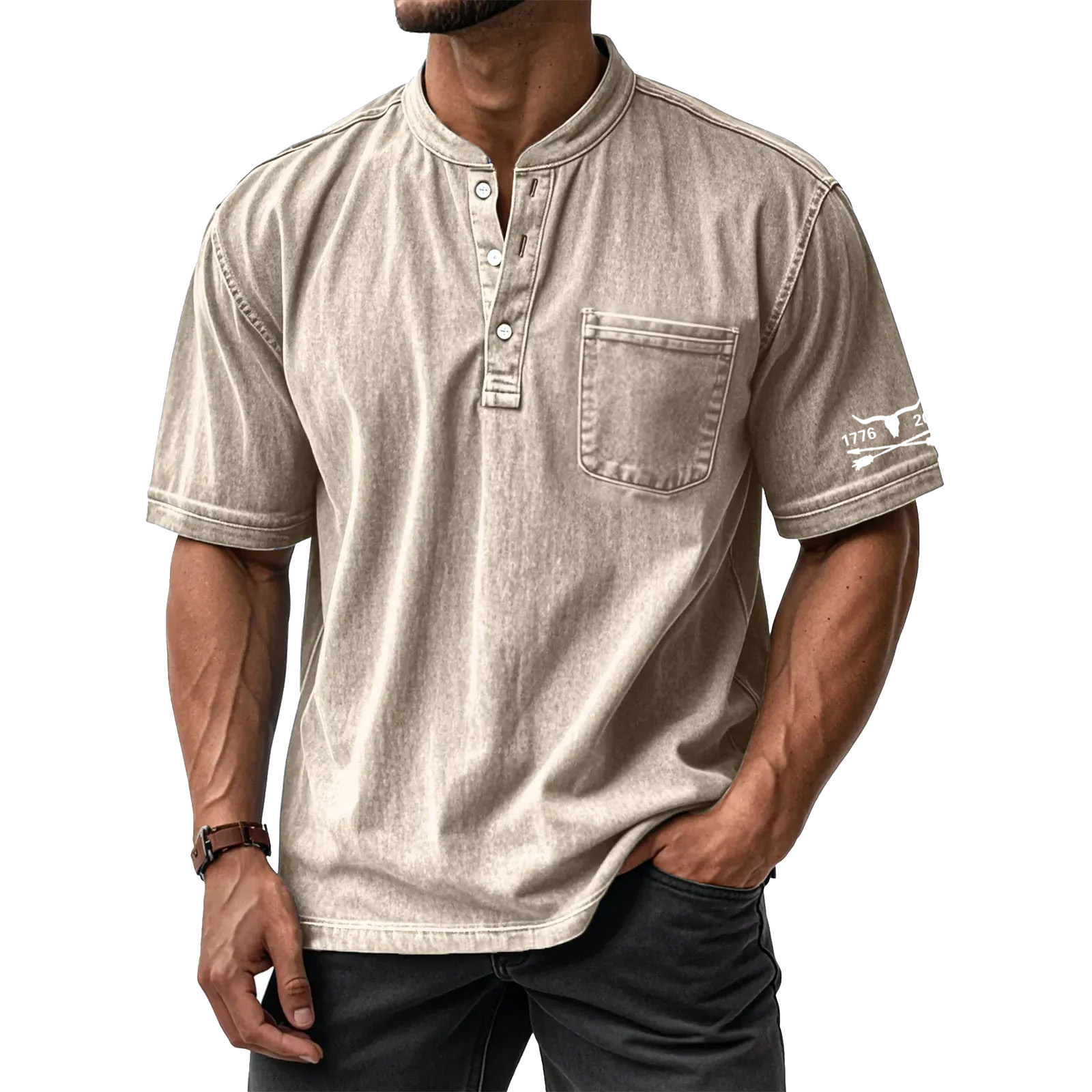 Men's Washed Cotton Short Sleeve Henley T-Shirt