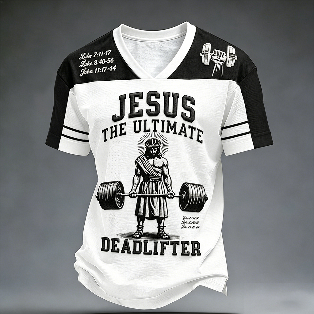 Jesus The Ultimate Deadlifter Christian Weightlifting Gym V-Neck T-Shirt