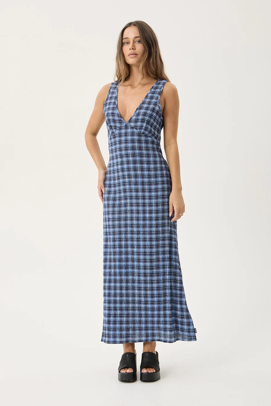 AFENDS Womens Mountains Tully - Seersucker Maxi Dress - Navy Red Check