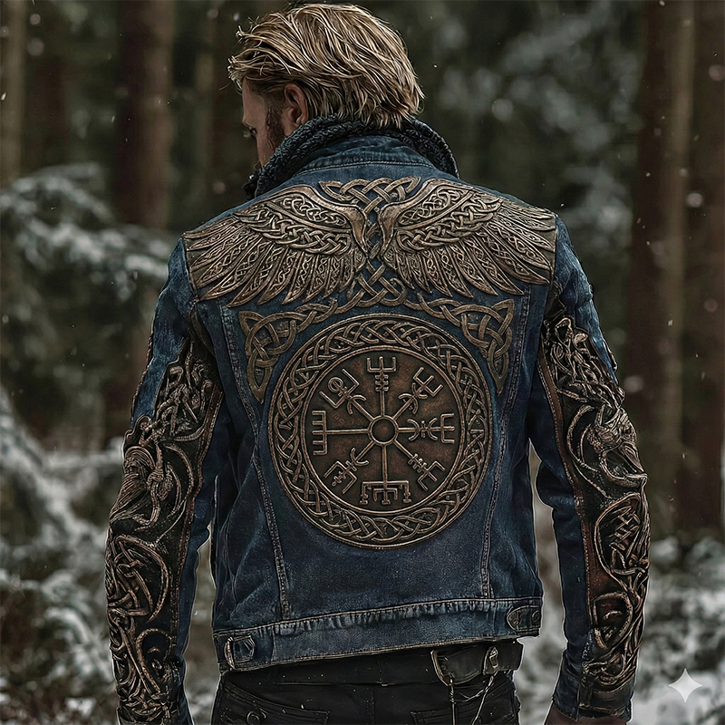 Men's Vintage Viking Celtic Wing Art Washed Denim Jacket