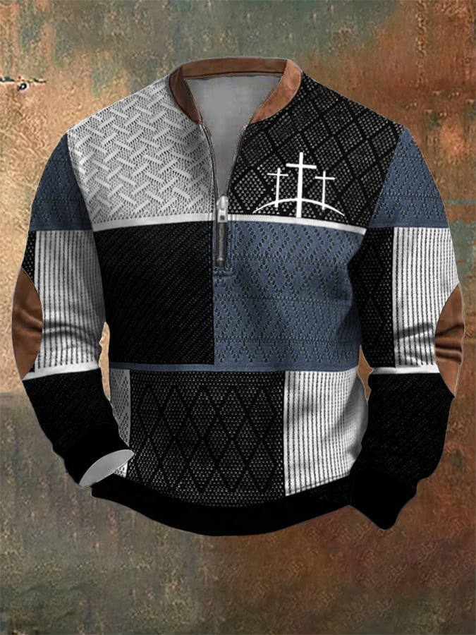 Men's Retro Western Textured Faith Cross Print Zipper Neck Sweatshirt
