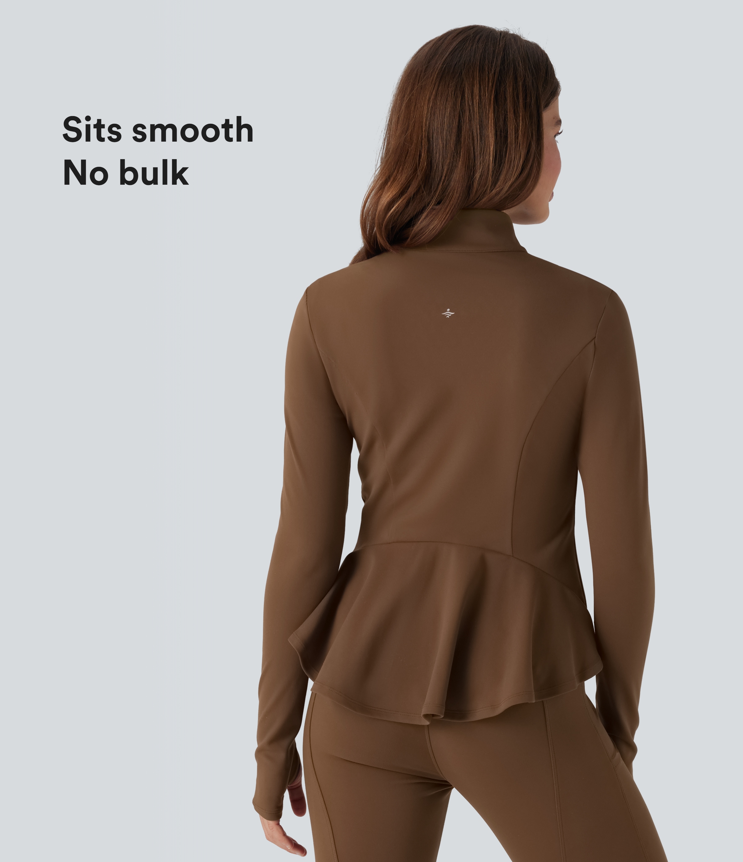 Stand Collar Zipper Thumb Hole Ruffle Hem Slim Jacket with Pockets