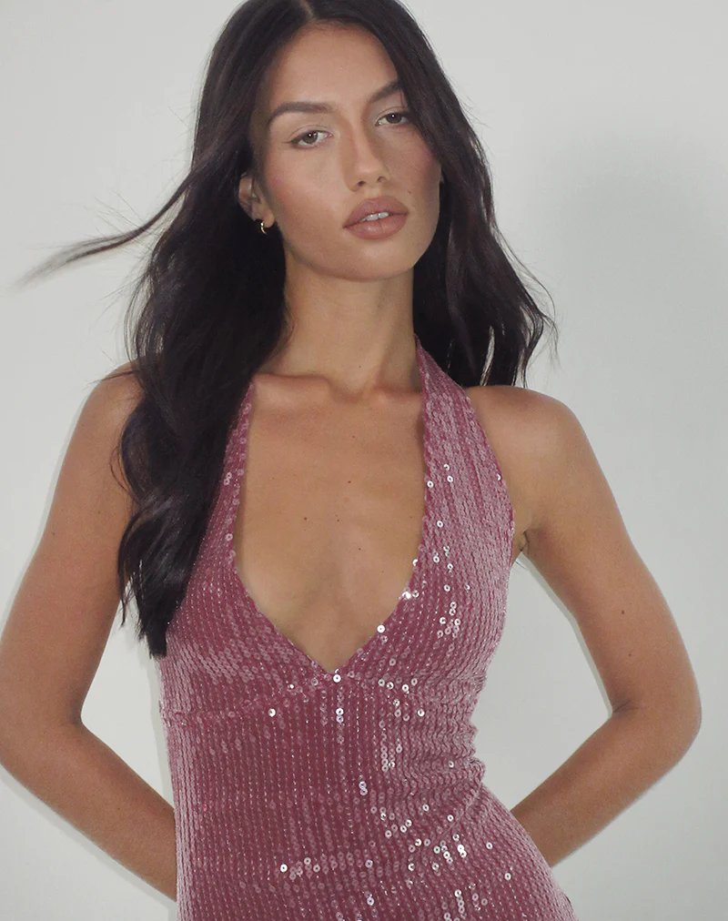 Hepasi Halter Mini Dress in Clear Sequin Maroon