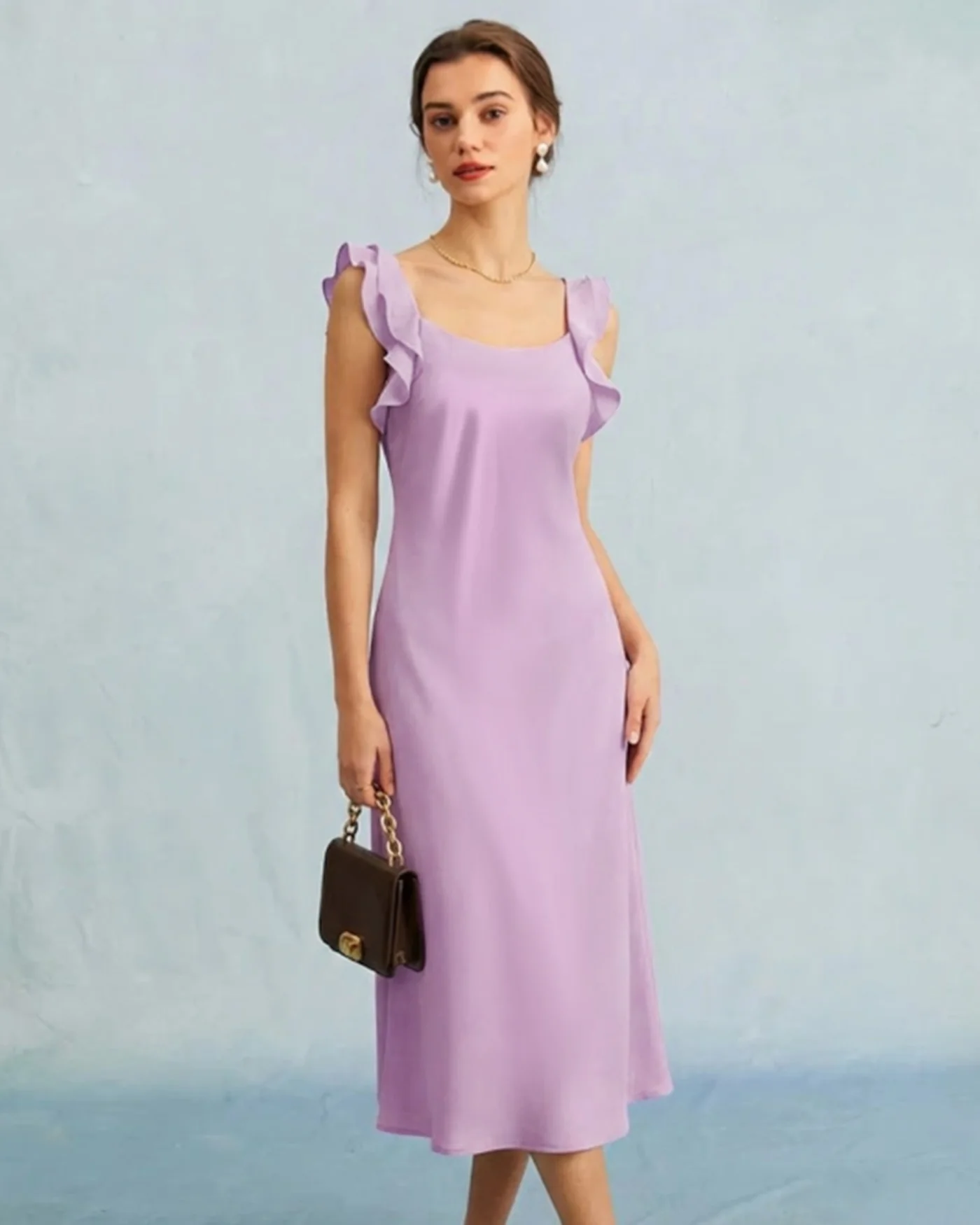 Purple Ruffle Slip Midi Dress