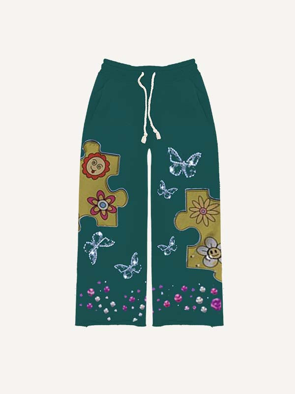 Sun&Floral&Butterfly Faux Rhinestones Print Elastic Waist Pants
