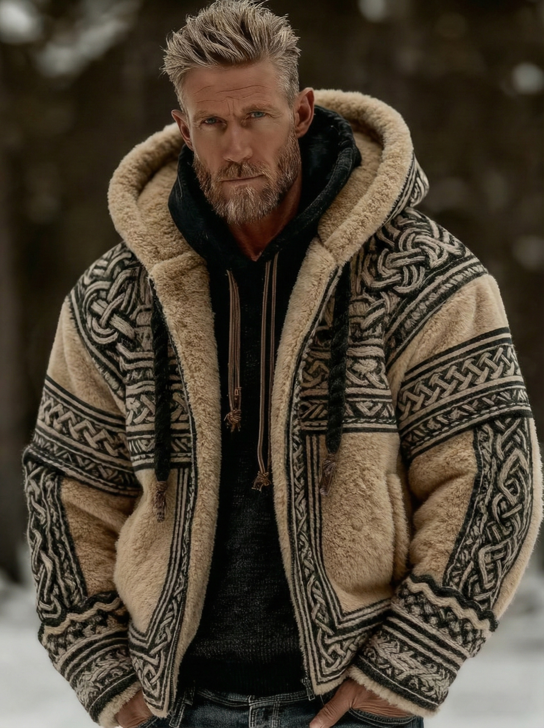 Men's Viking Celtic Art Plush Cozy Warm Zipped Hooded Jacket