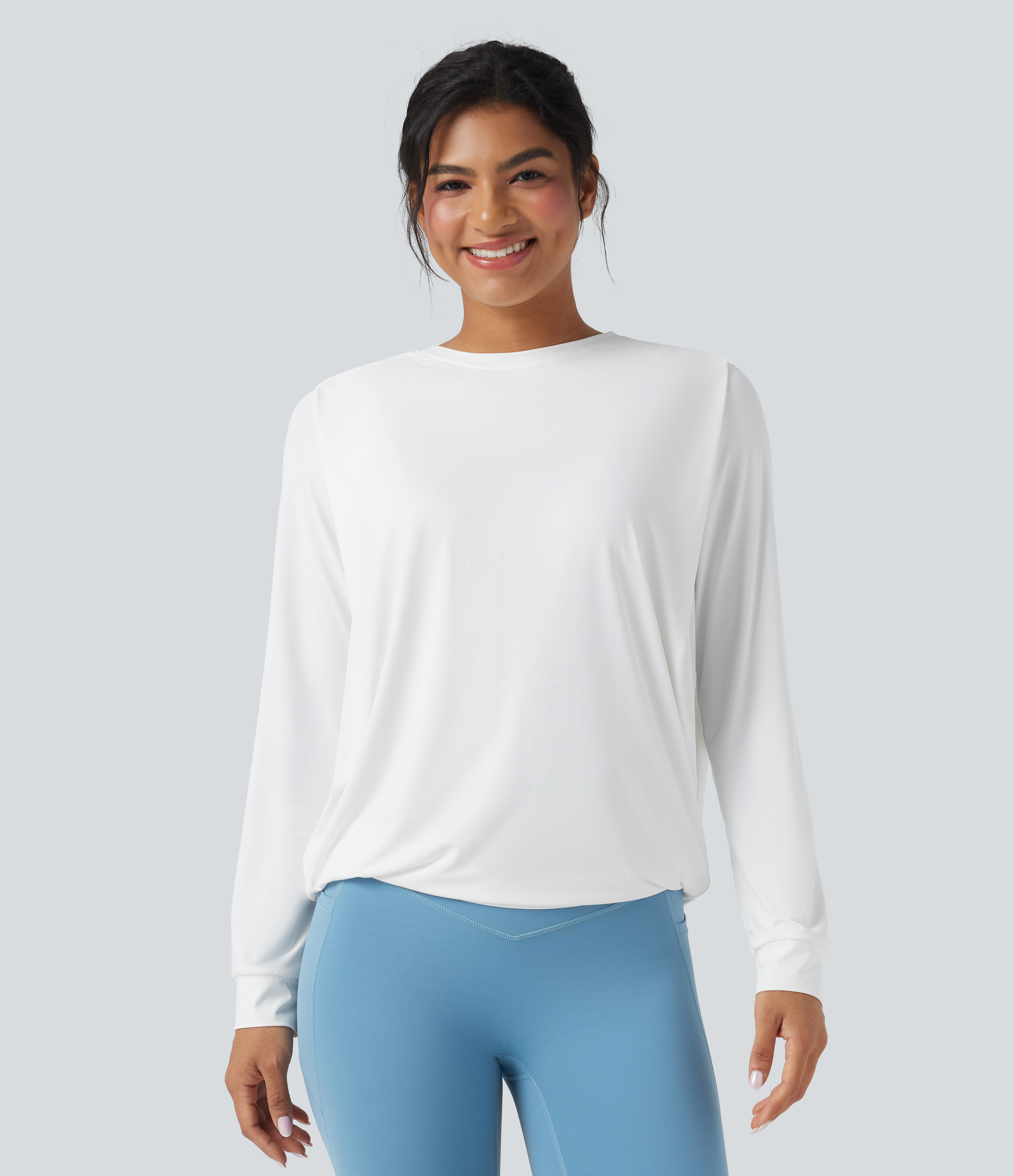 Round Neck Long Sleeve Ruched Yoga Sports Top-UPF50+