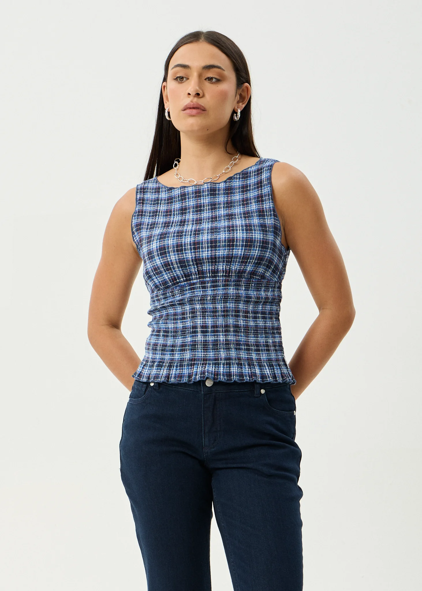 AFENDS Womens Mountains - Seersucker Sleeveless Top - Navy Red Check