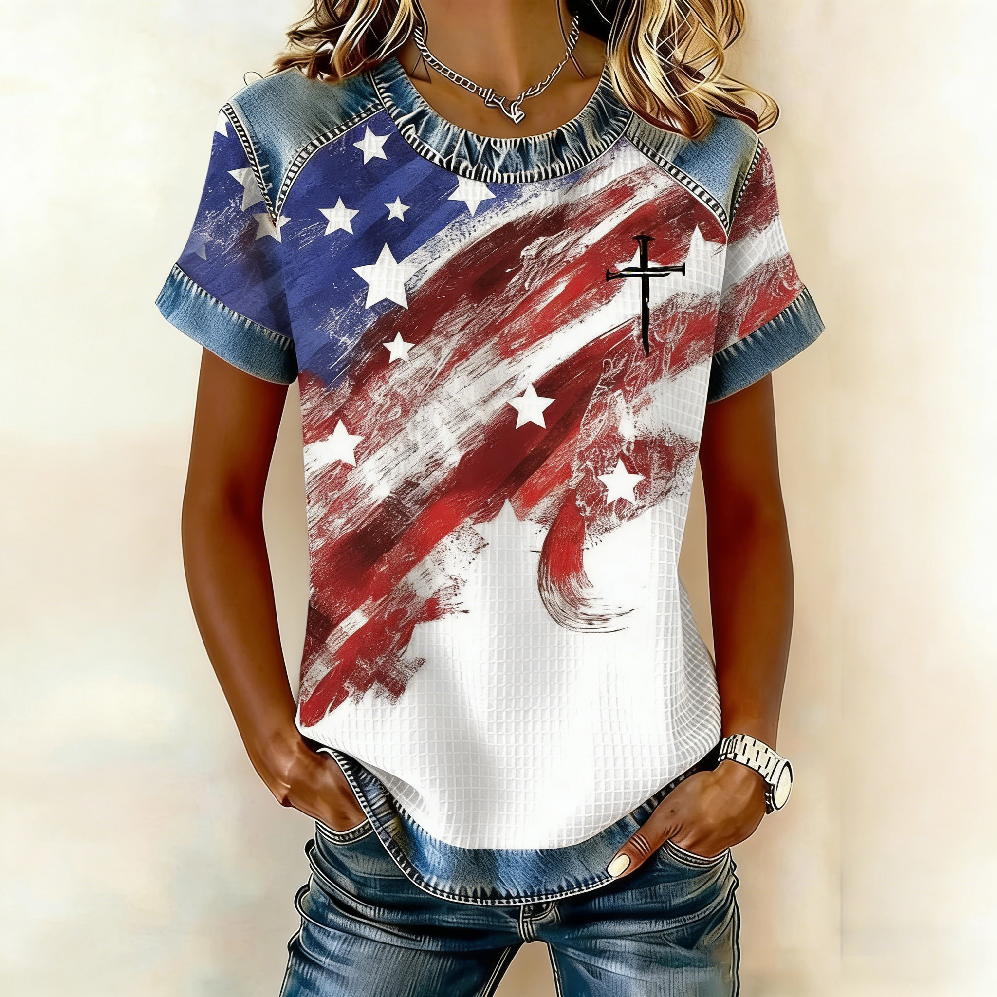 Women's casual blue, red, and white faith-themed waffle-knit T-shirt