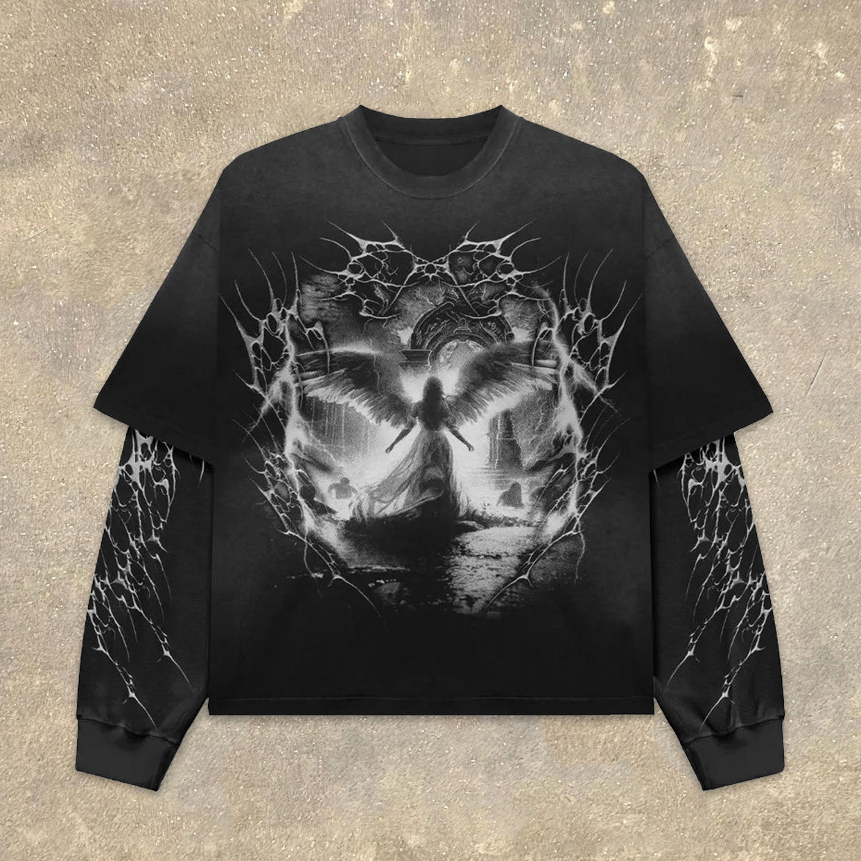 Fake Two Angel Back Print Long Sleeve T-Shirt