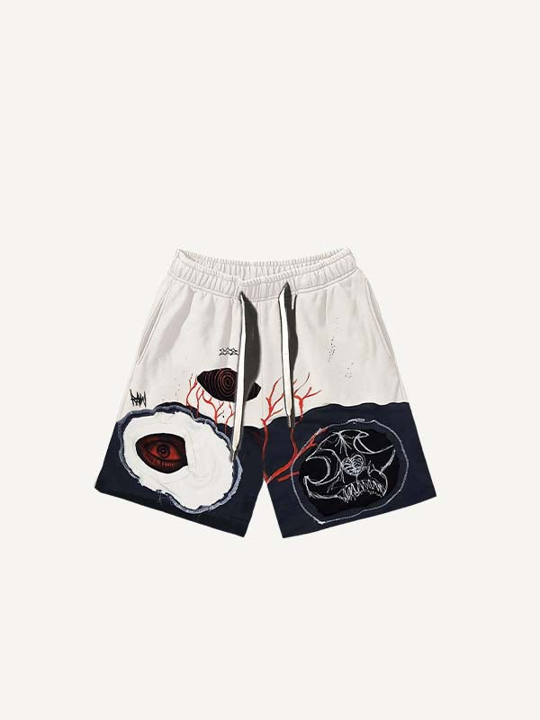 Colorblock Eye&Graphic Faux Decal Print Drawstring Waist Shorts
