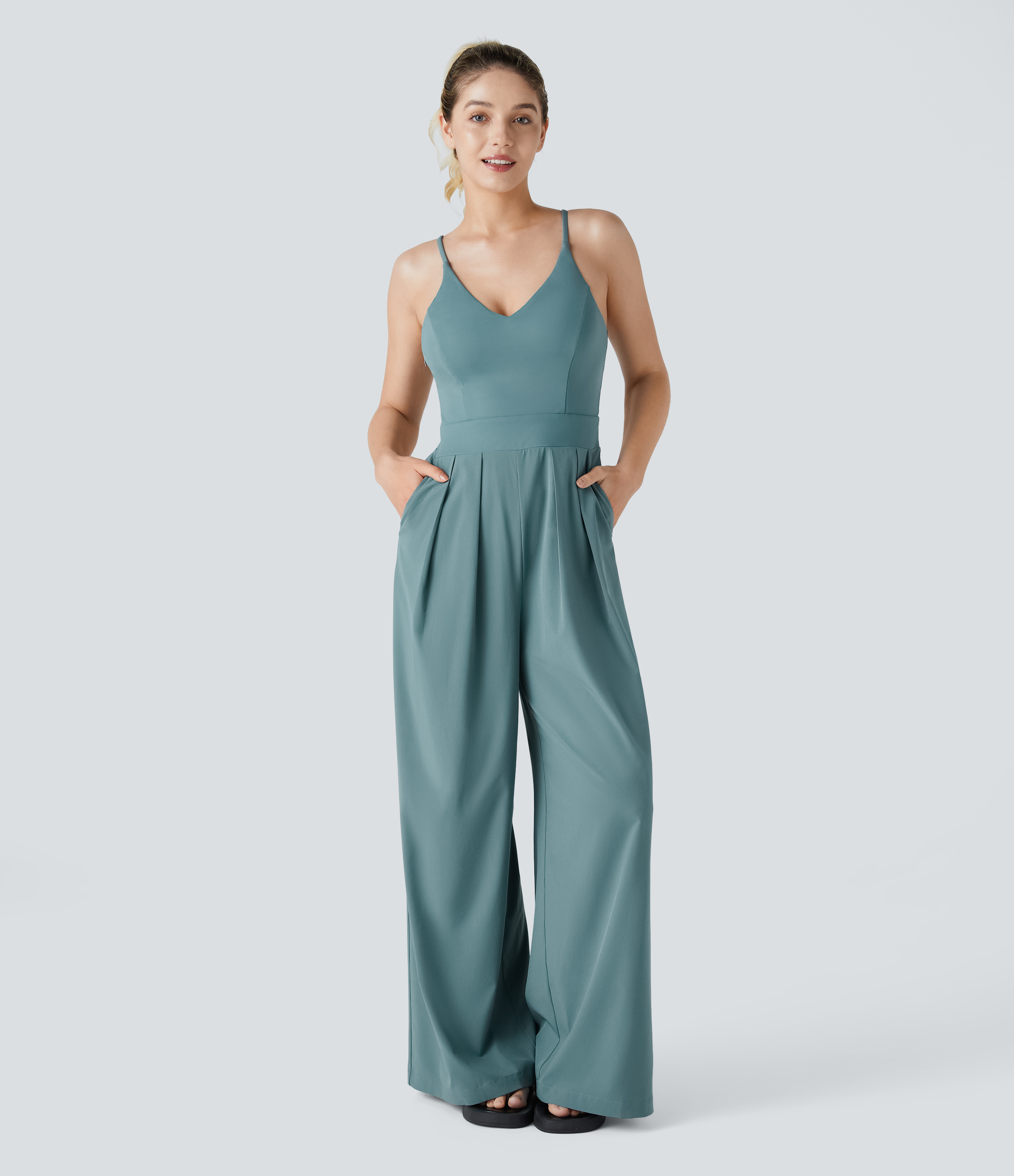 Breezeful™ Backless Side Invisible Zipper Pocket Wide Leg Quick Dry Resort Slip Jumpsuit