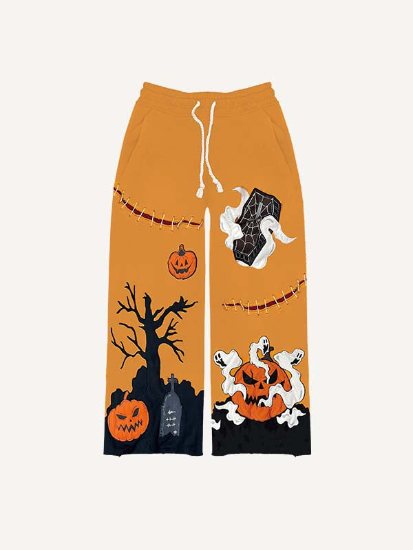 Halloween Pumpkin&Ghost&Graphic Faux Decal Print Elastic Waist Pants