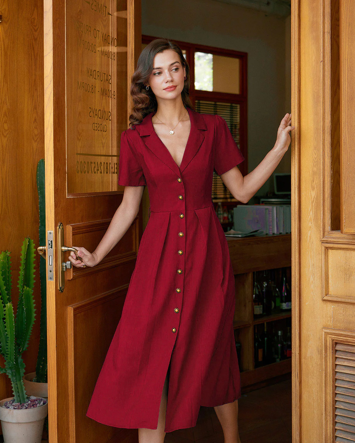 Red A-Line Pleated Button Midi Dress