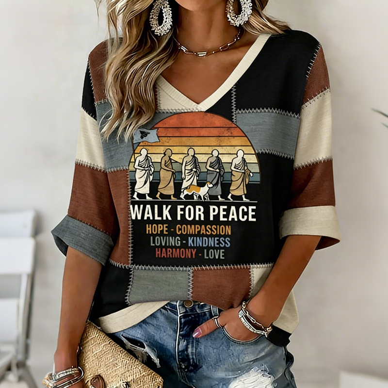 Walk For Peace In Patchwork Art Embroidered Print T-shirt