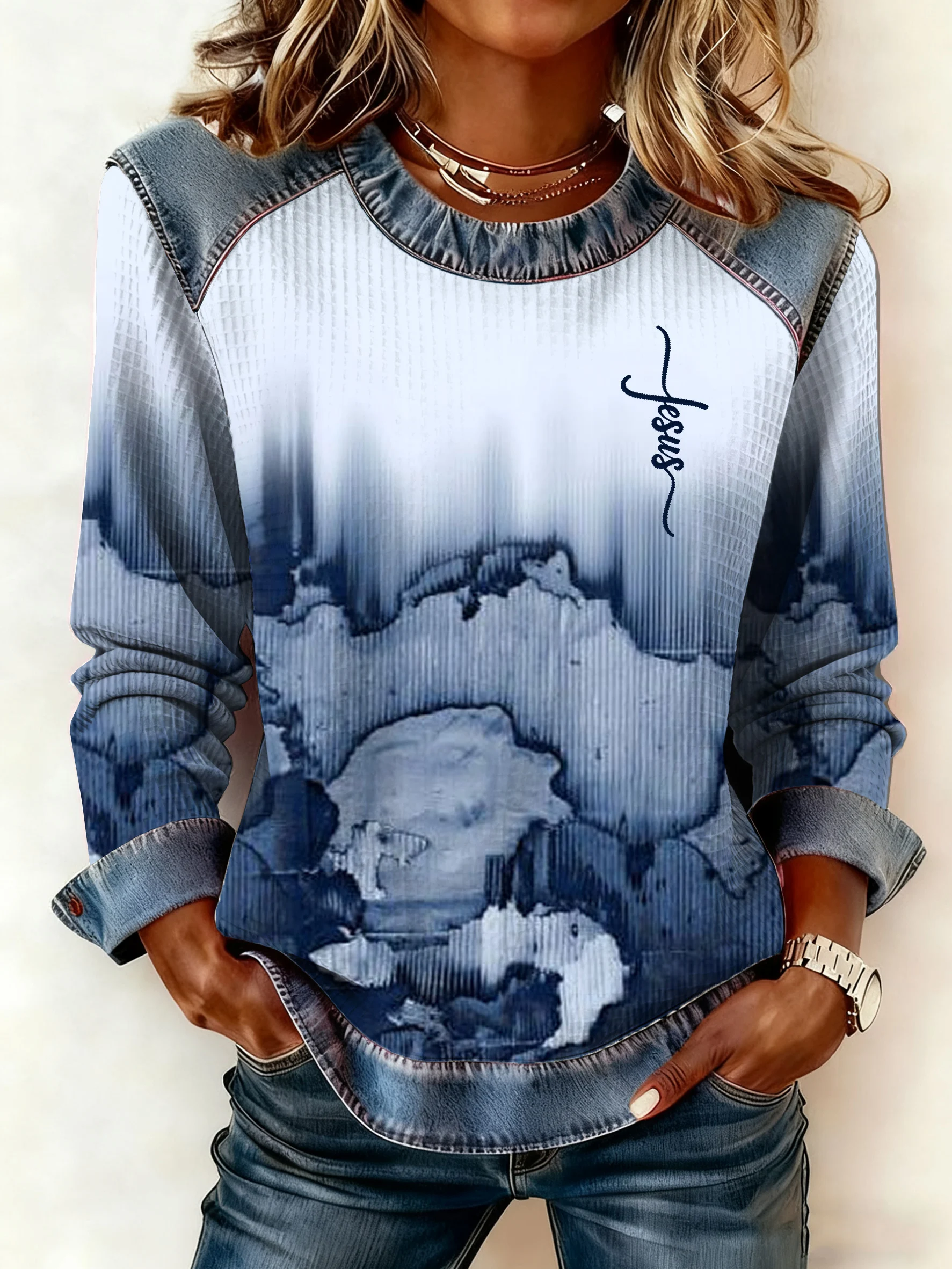 Women's Autumn/Winter Retro Western Style Denim Print Top-Fast Shipping