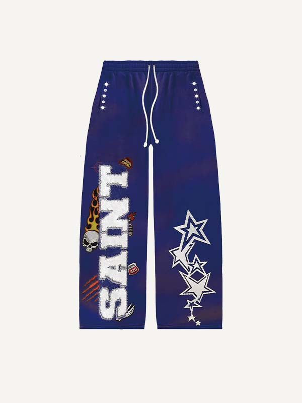 Star&Skull&Fire&Graphic&Letter Faux Decal Print Elastic Waist Pants