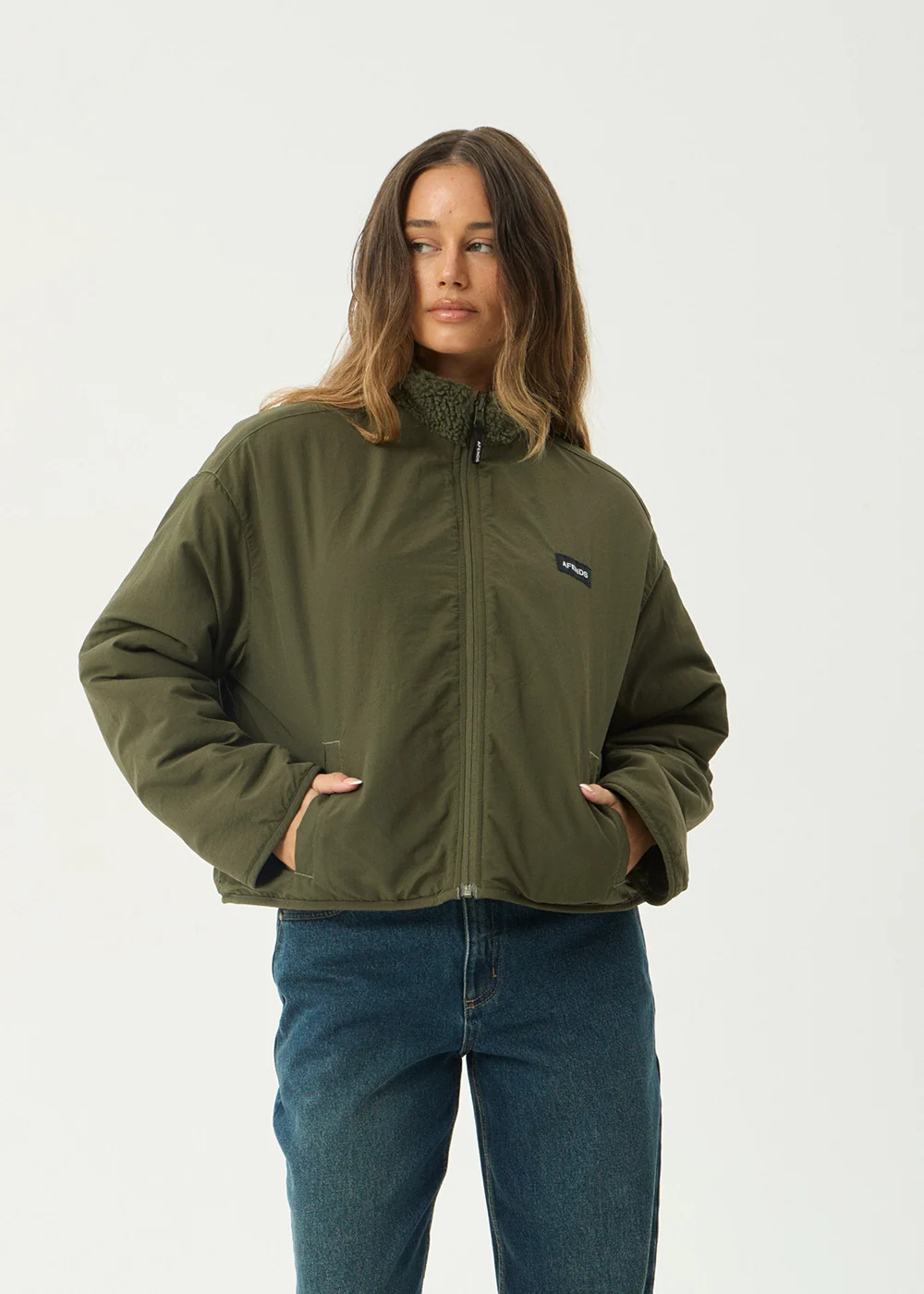 AFENDS Womens Berlin - Reversible Polar Fleece Jacket - Deep Olive