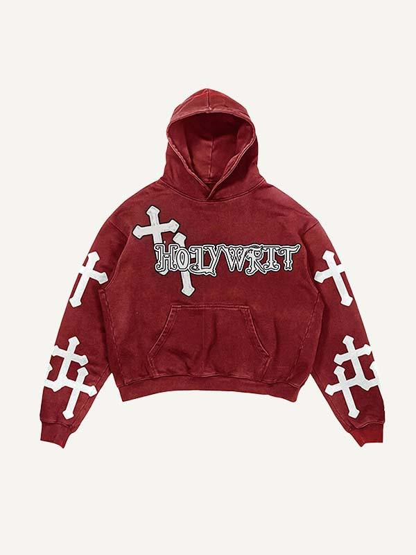 Cross&Letter Print Slant Pockets Hoodie
