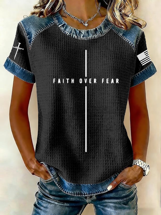 Women's Faith Over Fear Print Waffle Knit Round Neck Short-Sleeved T-Shirt