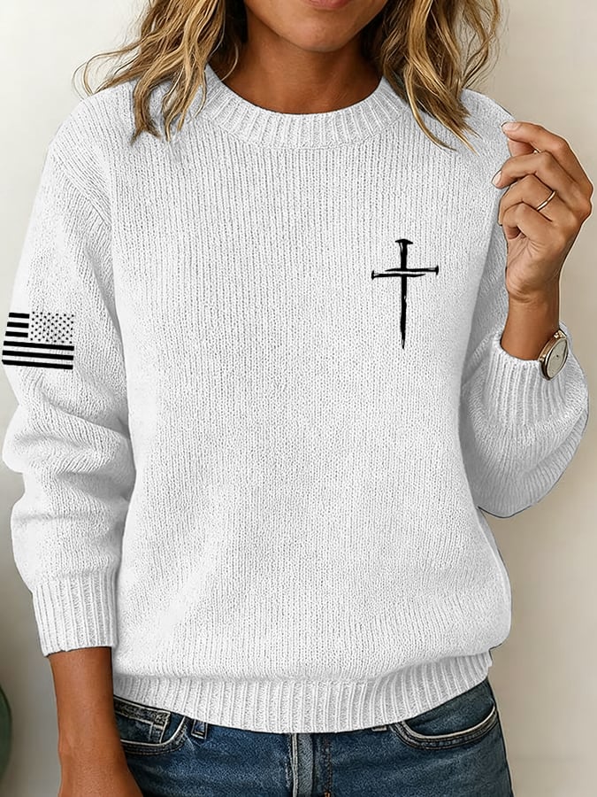 Women's Vintage Faith Cross Print Knit Crew Neck Long Sleeve Top