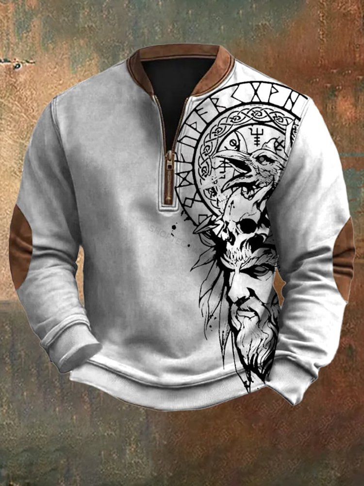 Vintage Viking Print Zip-Up Collar Sweatshirt