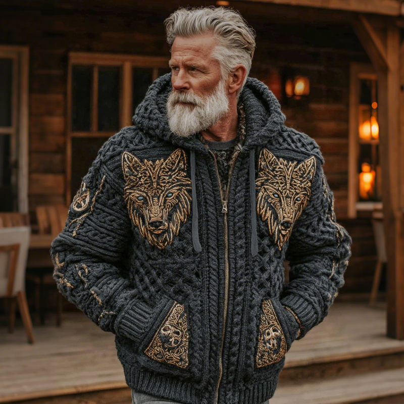 Men's Viking Geometry Celtic Wolf Pattern Art Cozy Hooded Jacket