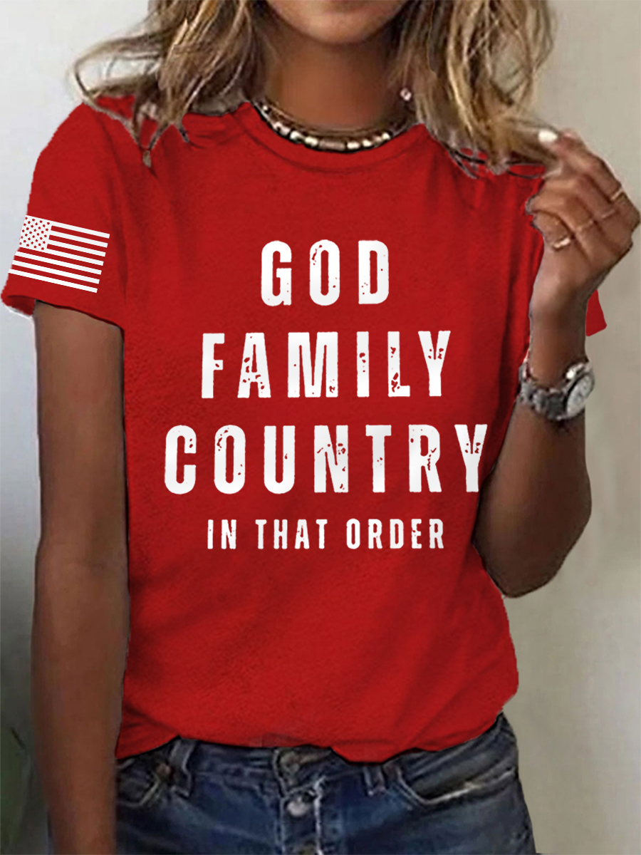 Women's God Family Country In That Order  Flag Print Tee