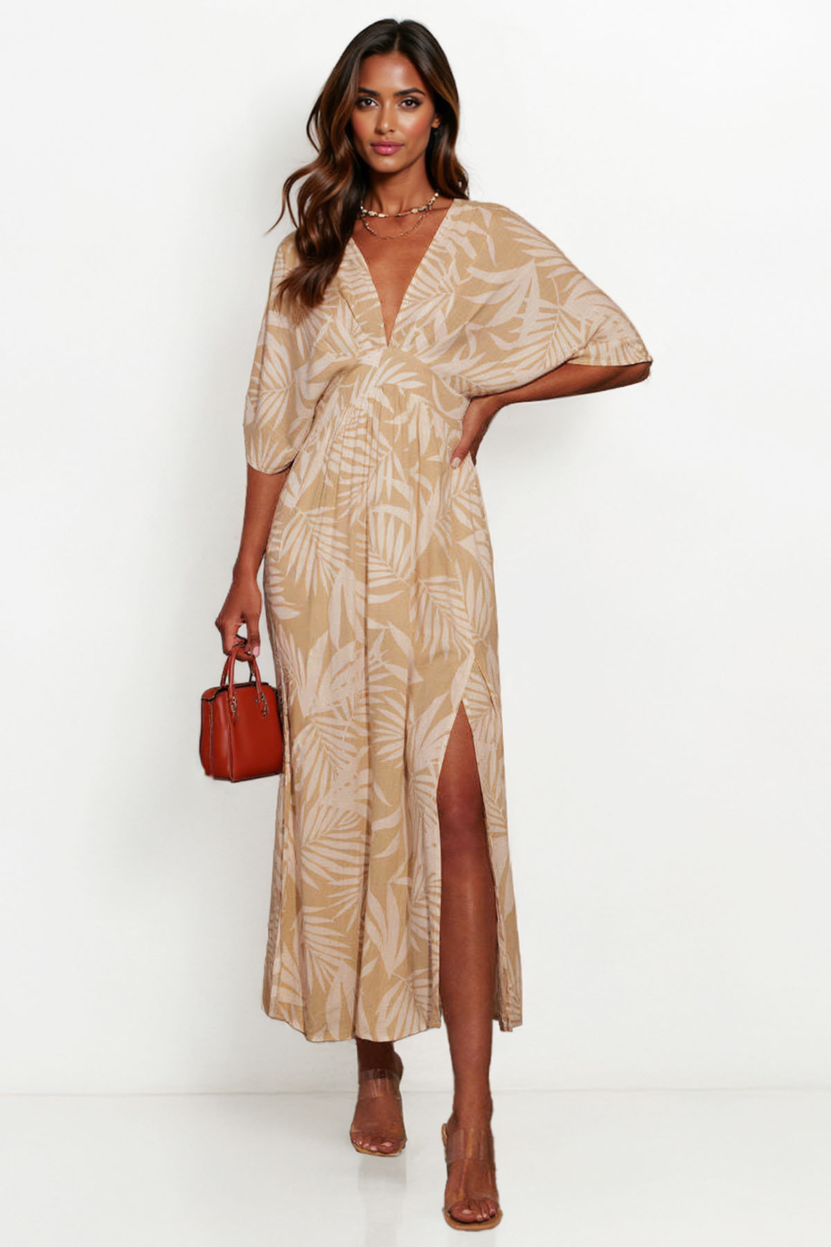 Classy Allover Print Batwing Sleeve Side Slit Maxi Dress